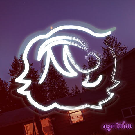 A glowing abstract character outline on a purple picture of a house at night.