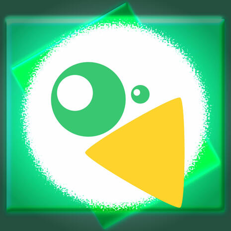 Two variable sizes of green circle and a rounded yellow triangle on a fuzzy white orb make up an abstract version of a chicken on a green background.