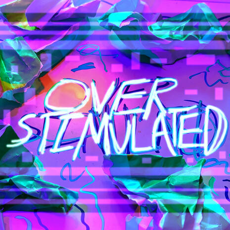 A digitally distorted mess of abstract green shapes and squiggles, with the hand-written text "OVER / STIMULATED" in the center of the image.